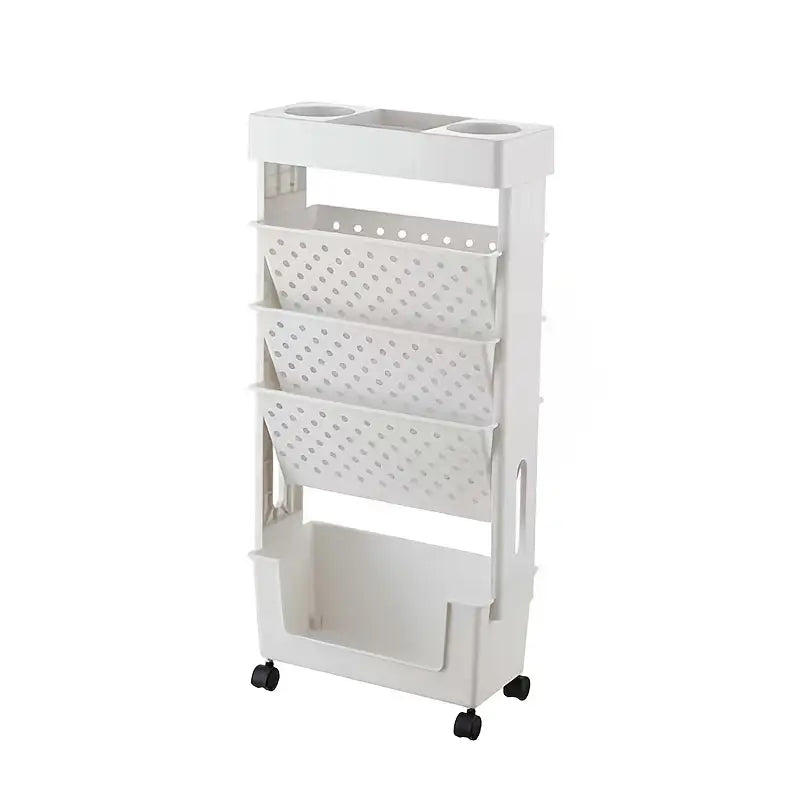 1 unidad de estantería móvil de 5 niveles, organizador de almacenamiento de PVC para oficina, escuela y hogar, estantería para documentos y revistas, organizador de escritorio para suministros de oficina, carrito de almacenamiento de periódicos y libros