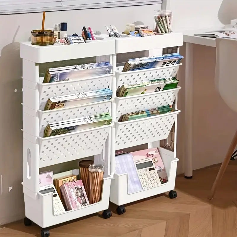 1 unidad de estantería móvil de 5 niveles, organizador de almacenamiento de PVC para oficina, escuela y hogar, estantería para documentos y revistas, organizador de escritorio para suministros de oficina, carrito de almacenamiento de periódicos y libros